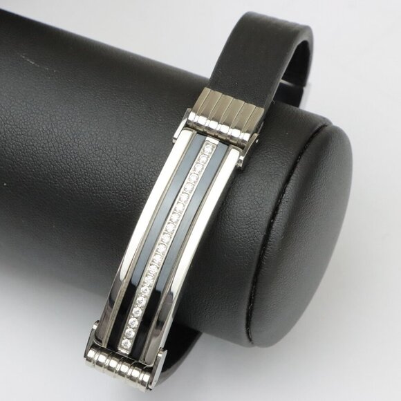 Elegant Stainless Steel Bracelet with Black Strap & Crystal Accents, THJWEL001 - Picture 1 of 12